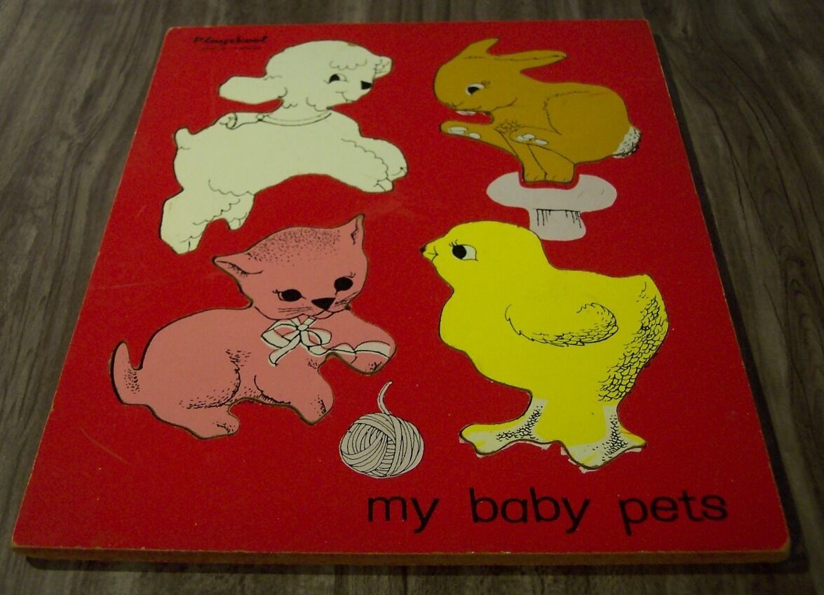 Primary image for VINTAGE PLAYSKOOL 155AN-14 MY BABY PETS WOODEN FRAM TRAY PUZZLE Rabbit Lamb Cat