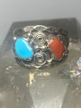 Navajo ring  turquoise coral  band  sterling silver women men - £93.38 GBP