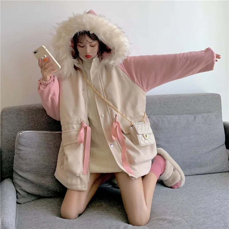 Py japanese soft girly coat sweet bandage bow pocket cute fur collar hooded kawaii keep thumb200