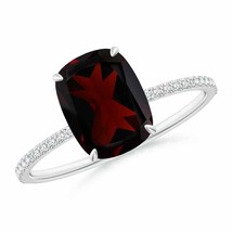 ANGARA Thin Shank Cushion Cut Garnet Ring With Diamond (Grade-A, Size-9x7) - £537.81 GBP