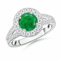 ANGARA Round Emerald Split Shank Ring with Diamond Halo for Women in 14K Gold - £2,081.45 GBP
