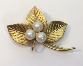 Gold Tone &amp; Faux Pearl Leaves Pin Brooch Signed made in Germany - £11.96 GBP