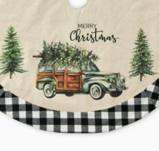 Woody Station Wagon Christmas Tree Skirt Green Truck Black Plaid Embroidered 48&quot; - £28.23 GBP