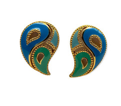 Vintage Avon Paisley Enamel Blue Green Kaleidoscope Earrings Gold Tone Pierced - £11.78 GBP