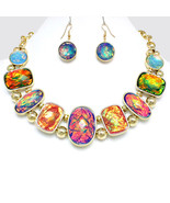 Iridescent Opalescent Colored Charms Necklace Earrings Set Fashion Jewelry - £8.32 GBP