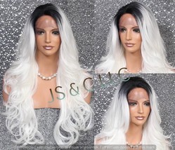 Human Hair blend Black Roots White Wavy Lace Front Wig Heat Safe Side part Stunn - $119.95