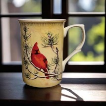 GRACIE Red Cardinal Mug Bone China Cup Holiday Winter Pine Cones Coffee Tea Cup - $21.78