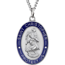 Sterling Silver &amp; Blue Enamel St. Christopher Medal with Chain - £152.53 GBP