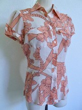 Bebe Silk Puff Sleeve Blouse S Coral Cream Tropical Floral Short Sleeve Top - £17.25 GBP