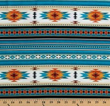 Cotton Southwest Tucson Metallic Aztec Turquoise Fabric Print by Yard D462.54 - £25.57 GBP
