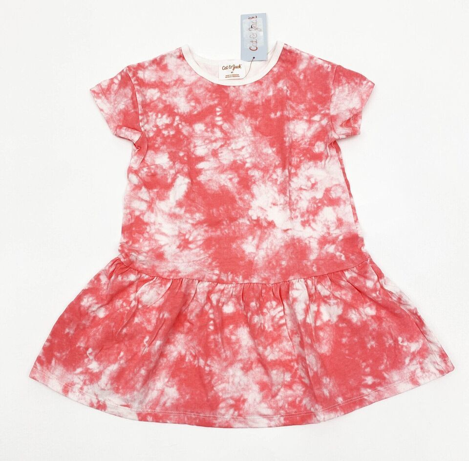 Cat & Jack Girls Size 5T Short Sleeve Tie Dye Coral 100% Cotton Knit Dress~ NWOT
