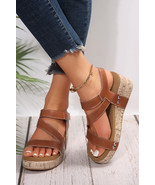 Chestnut Hollow Out Velcro Leather Wedge Sandals - $23.55