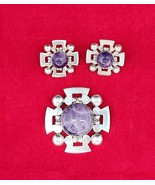 Vintage Mexico Sterling Silver Amethyst Brooch Pin &amp; Earring Set Clip on - £310.61 GBP