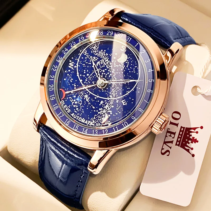 Men&#39;s Watches Moon Phase Automatic Mechanical Watch for Man Blue Leather Luxur - $103.00