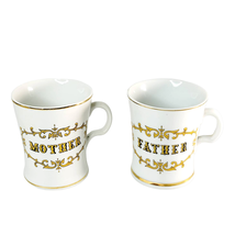 Knobler Coffee Mugs 2 Piece Set Mother Father White Gold Trim Vintage Retro - £22.15 GBP