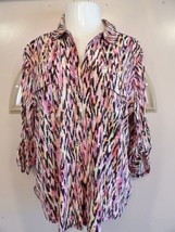 Emily Daniels Size XL Sequin Button V Neck Shirt 3/4  Roll Tab Sleeves Pink - £13.81 GBP