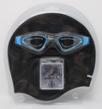Swimming Goggles &amp; Swim Cap Combo Pack Sealbuddy UV Adjustable Strap Blk &amp; Blue - £11.84 GBP