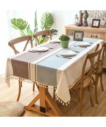 Stitching Tassel Cotton Linen Fabric Table Cover Tablecloth Square 55x98... - £21.01 GBP