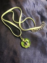 Hand Painted Lime Green Circle Glass Pendant With Cord - £3.75 GBP