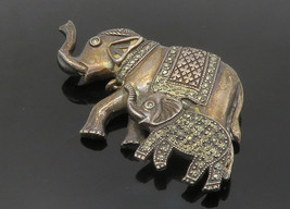 925 Sterling Silver - Vintage Marcasite Mom &amp; Baby Elephants Brooch Pin - BP5658 - £67.27 GBP