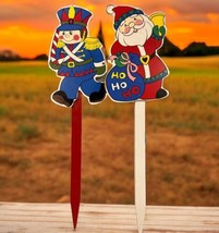 Christmas Yard Decorations Wooden Stakes Vintage Santa And Nutcracker Soldier - £15.56 GBP