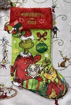 Green Plush Grinch Christmas Stocking NAUGHTY OR NICE w/Red Faux Fur Cuff New - £15.84 GBP