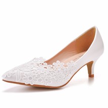 White Lace 5CM High Heels Wedding Shoes Bridal Party Pumps Ladies Shallow Mouth  - £39.66 GBP