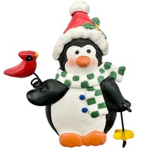 Christmas Brooch 2.5 inch Penguin in Scarf and Hat Holding Cardinal - £3.87 GBP