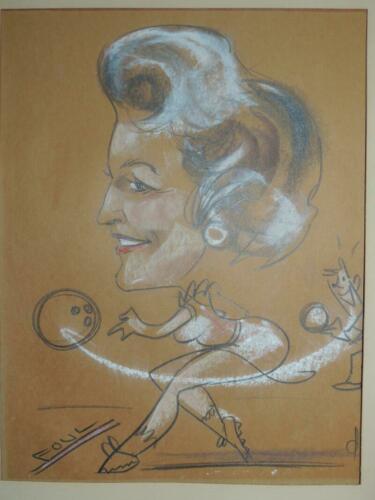 Mid Century Pastel Caricature Art 13&quot;x10&quot; bowling poss Jane Russell Jergens - $85.49