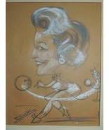 Mid Century Pastel Caricature Art 13&quot;x10&quot; bowling poss Jane Russell Jergens - £70.78 GBP