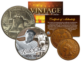 BABE RUTH 1948 Franklin Half Dollar &amp; 1895 Indian Head Penny 2-Coin Set LIFETIME - £21.69 GBP