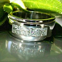 Men&#39;s 2Ct Princess Diamond Engagement Wedding Channel Set Ring 14K White Gold Fn - £117.67 GBP