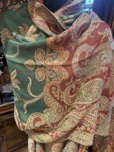 Vintage Style Red Green and Gold Knit Brocade Paisley Pashmina Scarf Wrap - £31.31 GBP