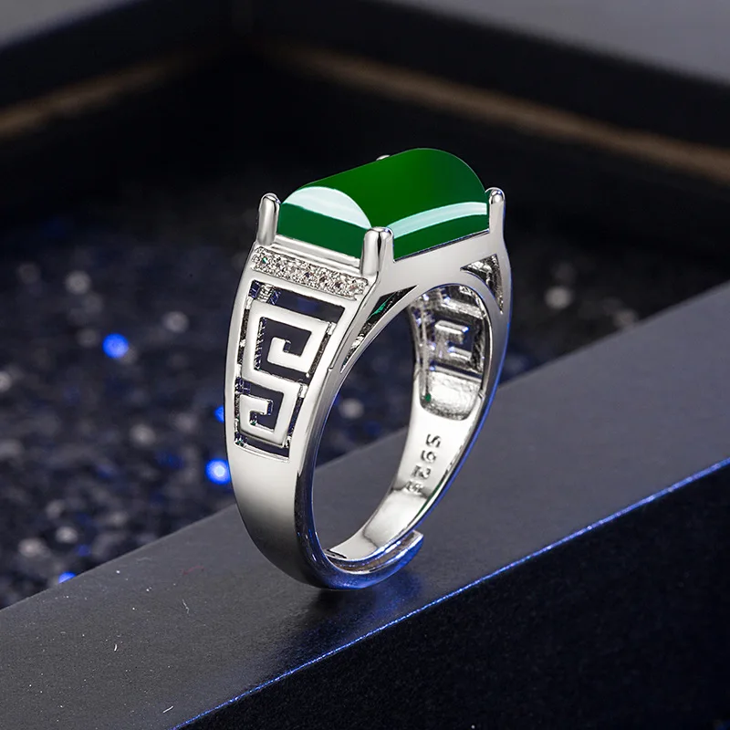  Vintage 100% 925 Silver Men Ring Geometric Natural Green Jade Emerald Open Wedd - £25.51 GBP