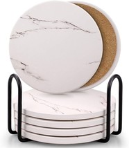 Drink Coasters, Absorbent Ceramic Stone Coasters Set, Cork Base, Marble, White. - £23.68 GBP