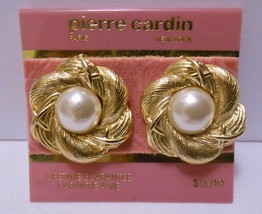 Pierre Cardin Vintage Pierced Statement Earrings Gold Tone White Faux Pearl - £43.92 GBP