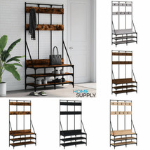 Industrial Wooden Hallway Coat Clothes Rack Stand Hall Tree With Shoe Bench Wood - £99.41 GBP+