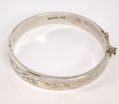 VTG Thailand 925 Silver Hinge Bangle Bracelet Safety Chain Floral Scroll 14.74g - £15.19 GBP