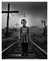 Creepy Child Clown On Railroad Tracks Halloween 8X10 B&amp;W Photo - £6.72 GBP