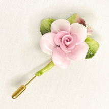 Porcelain Pink Rose Stick Pin Gold Tone Green Leaves Stem Flower 3” Total Length - £12.48 GBP