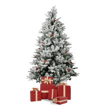 6.9&#39; Artificial Christmas Tree Snow Flocked Xmas Tree with Pine Cones and Red... - £146.04 GBP