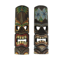 Set of 2 Hand Crafted Wooden Tiki Wall Masks Palm Tree and Plumeria 20 Inch - £40.18 GBP