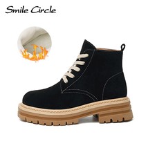 Women Ankle Boots Suede Leather Platform Boots Autumn/Winter Fashion Lace-up Chu - £95.83 GBP
