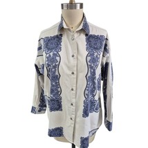 Vtg 80s NY Line Toiles de Jouy Blouse Cream/Blue Floral Border Print Cot... - $47.52