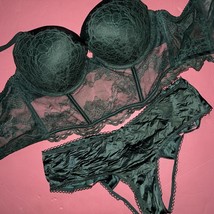 Victoria&#39;s Secret 36C Bombshell Corset Top Bra Set M Panty Emerald Green Lace - £61.26 GBP