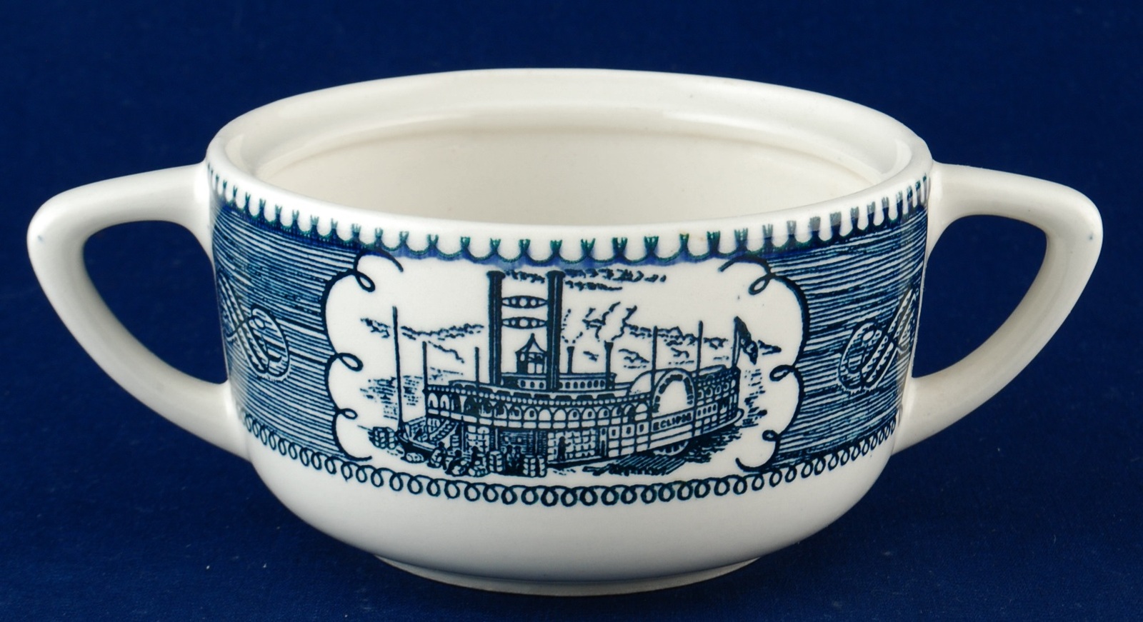 Primary image for Royal China USA Currier & Ives Blue Sugar Bowl No Lid Paddle Wheel Boat