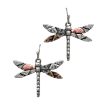 Hammered Tri-Color Dragonfly Dangle Drop Earrings Silver - $13.24