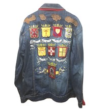 Men’s 3XL Blue Denim Jacket with Leather &amp; Embroidered Patches Crown Holder - £204.45 GBP
