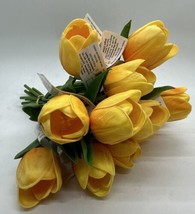 12 Artificial Tulips Flower &quot;Real Touch&quot; Stems w/ Flower &amp; 2 Leaves in Yellow - £9.27 GBP
