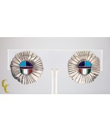 Sterling Silver Lapidary Inlay Sunburst Clip-On Earrings Gorgeous - $341.53 CAD